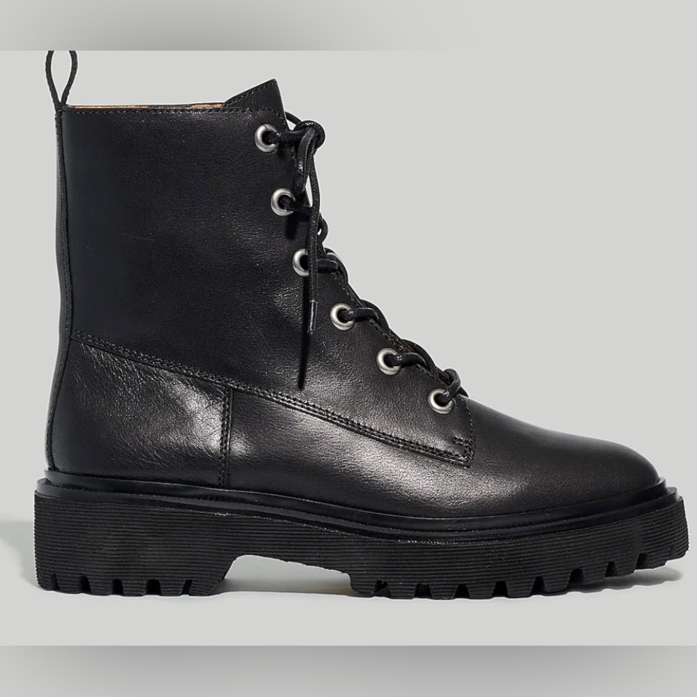 NWT Madewell The Rayna Lace Up Lug-sole Black Leather Boots Size 7.5 W